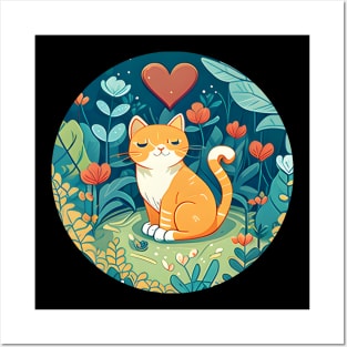 Orange Cat Heart In The Garden - Love Cats Posters and Art